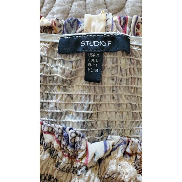 Studio F Puff Sleeve W/ Lace & Paisley Print Blouse Sz M Boho - Picture 3 of 4